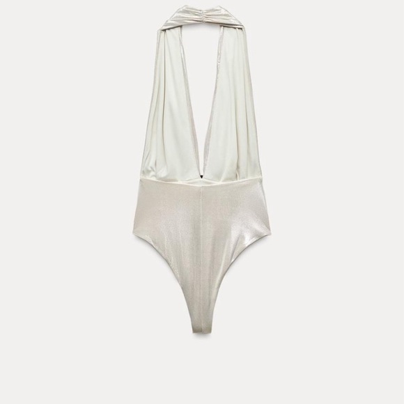 ZARA CONCH SHELL FOIL HALTER BODYSUIT SILVER SZ L - Picture 5 of 7